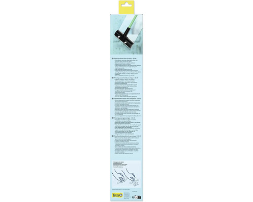 Emballage du nettoie-vitres d aquarium Tetra GS 45 avec caractéristiques, Tetra Logo, symboles de recyclage et instructions de remplacement de lame.