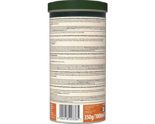 Rückseite einer Dose Tetra Goldfish Mini-Pellets mit Inhaltsstoffen, analytischen Bestandteilen, Fütterungshinweisen, Barcode und Mengenangabe.