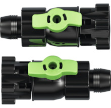 Absperrventil für Tropfbewässerung aus schwarzem Kunststoff mit grünem Drehgriff und Schlauchanschluss.