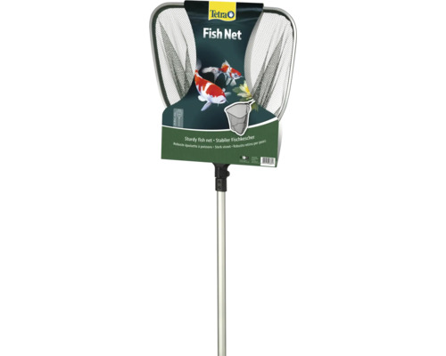 Épuisette à poissons robuste de Tetra avec manche télescopique en métal et filet à mailles fines.