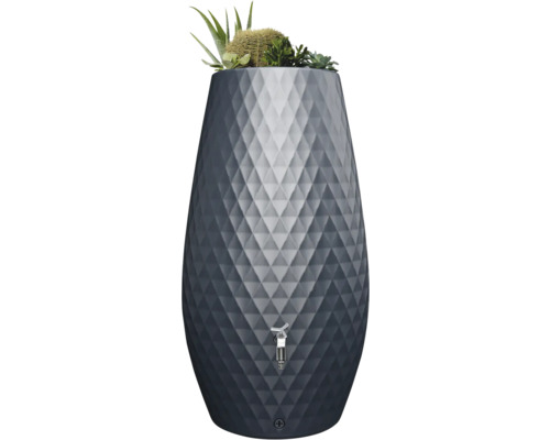 Récupérateur d eau de pluie moderne en couleur anthracite avec motif à losanges, bac à plantes intégré sur le dessus et robinet argenté.