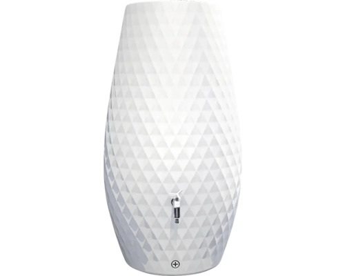 Récupérateur d'eau de pluie blanc avec motif géométrique en losanges et robinet en métal.