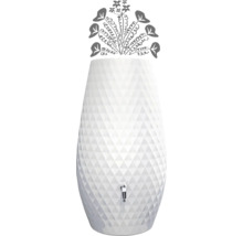 Récupérateur d'eau de pluie blanc avec motif géométrique triangulaire, robinet en métal et illustration de plantes sur le dessus.