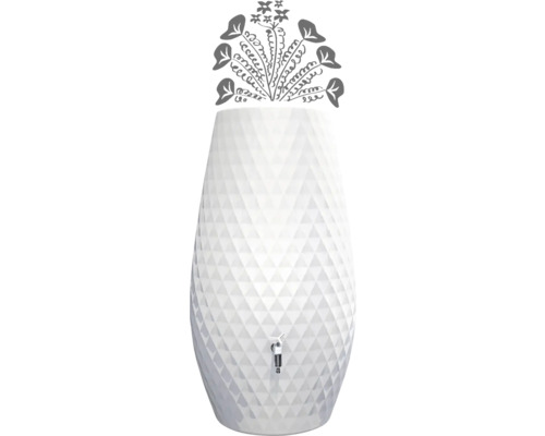 Récupérateur d'eau de pluie blanc avec motif géométrique triangulaire, robinet en métal et illustration de plantes sur le dessus.