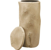 Récupérateur eau de pluie beige aspect tronc arbre en plastique avec robinet en métal et couvercle amovible.