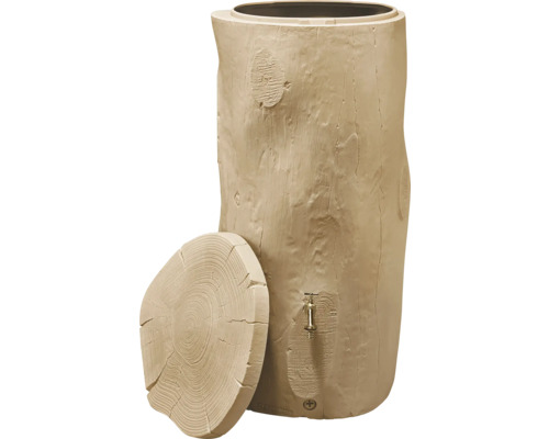 Récupérateur eau de pluie beige aspect tronc arbre en plastique avec robinet en métal et couvercle amovible.