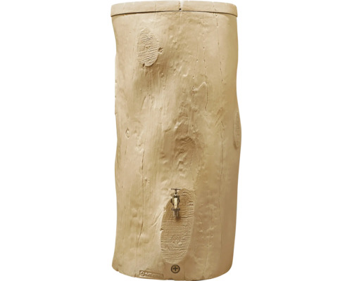 Récupérateur d'eau de pluie en aspect tronc d'arbre en plastique avec robinet et couvercle pour le jardin.