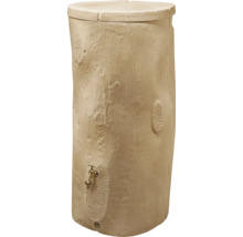 Récupérateur d'eau de pluie brun clair aspect tronc d'arbre en plastique avec robinet et couvercle.