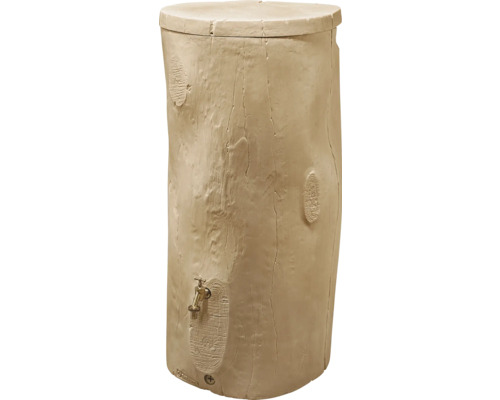 Récupérateur d'eau de pluie brun clair aspect tronc d'arbre en plastique avec robinet et couvercle.