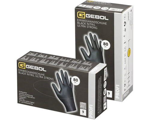 Deux paquets de gants jetables Gebol Black Nitrile Ultra Strong, taille L, contenu 80 pièces
