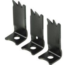 Trois connecteurs d'angle métalliques avec dents de scie et trous de forage