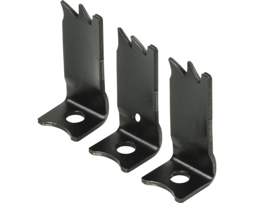 Trois connecteurs d'angle métalliques avec dents de scie et trous de forage