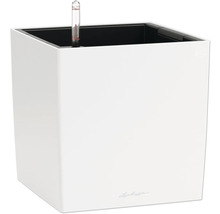 Pot de fleurs carré blanc avec indicateur de niveau d'eau.