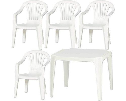 Ensemble de mobilier de jardin blanc en plastique avec quatre chaises empilables et une table carrée.