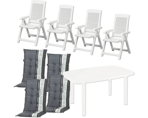 Gartenmöbel-Set mit vier weißen Klappsesseln, einem rechteckigen weißen Gartentisch und vier grau gemusterten Hochlehner-Auflagen.