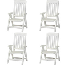 Lot de quatre chaises de jardin en plastique blanc avec dossier haut et accoudoirs.
