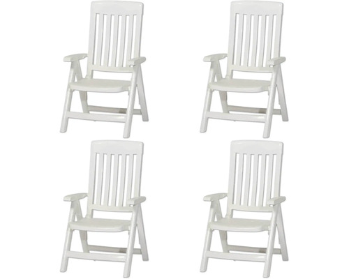 Lot de quatre chaises de jardin en plastique blanc avec dossier haut et accoudoirs.