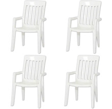 Lot de quatre chaises de jardin blanches en plastique avec accoudoirs et dossier à lattes.