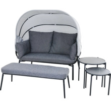 Salon de jardin moderne avec canapé deux places, pare-soleil, tabouret rembourré et deux tables d'appoint rondes en gris et noir.