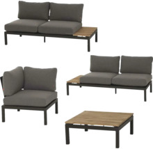 Salon de jardin avec deux canapés, tablettes en bois intégrées, un fauteuil et une table basse. Structure en métal avec coussins gris et bois.