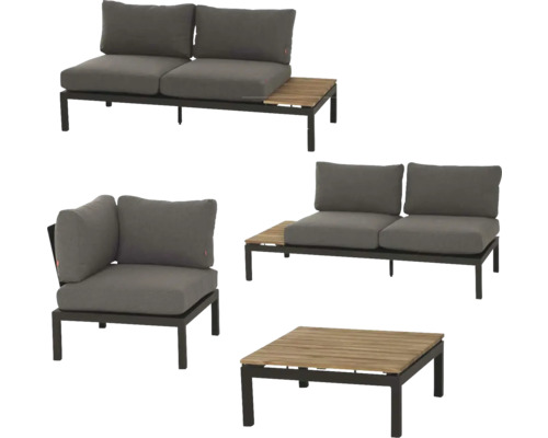 Salon de jardin avec deux canapés, tablettes en bois intégrées, un fauteuil et une table basse. Structure en métal avec coussins gris et bois.