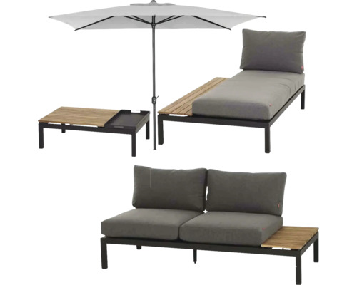 Salon de jardin composé d'un canapé, d'une chaise longue, d'une table basse et d'un parasol avec cadre en métal, éléments en bois et coussins gris.