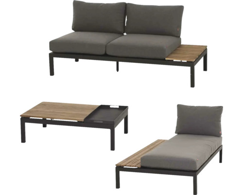 Salon de jardin composé d'un canapé deux places, d'une table basse et d'une chaise longue avec des tablettes en bois et des coussins gris.