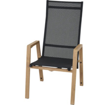 Chaise de jardin à dossier haut avec structure en bois et revêtement textile noir.