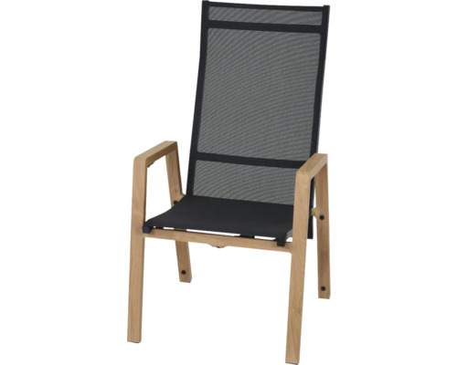 Chaise de jardin à dossier haut avec structure en bois et revêtement textile noir.