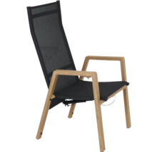 Chaise de jardin à dossier haut, structure en bois et revêtement en maille noire.