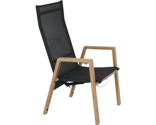 Chaise de jardin à dossier haut, structure en bois et revêtement en maille noire.