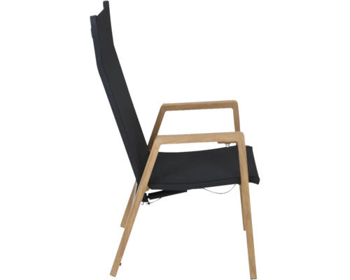 Chaise de jardin avec structure en bois et revêtement textile noir, dossier haut et accoudoirs, vue latérale.