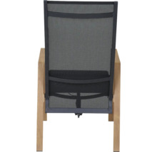 Chaise de jardin vue de l'arrière avec maille noire et structure en bois.