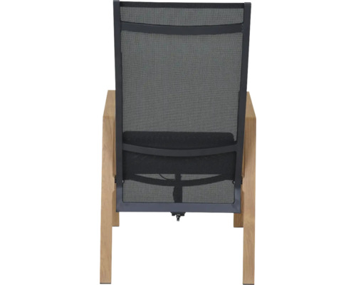 Chaise de jardin vue de l'arrière avec maille noire et structure en bois.