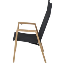 Chaise de jardin avec structure en bois et revêtement textile noir avec dossier haut.