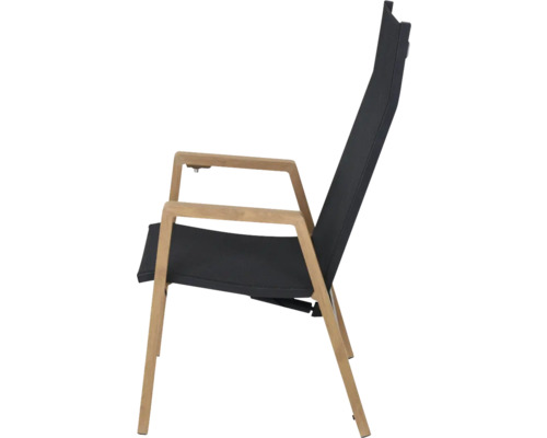 Chaise de jardin avec structure en bois et revêtement textile noir avec dossier haut.