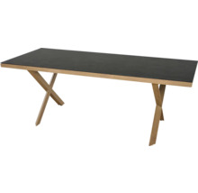 Table rectangulaire avec plateau gris foncé et pieds en bois en forme de X.