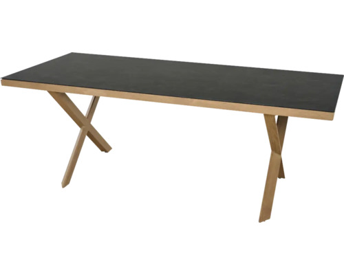 Table rectangulaire avec plateau gris foncé et pieds en bois en forme de X.