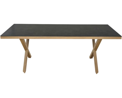 Table rectangulaire avec plateau sombre et pieds en bois en forme de X.