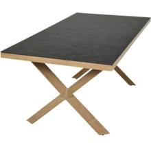 Table rectangulaire avec plateau gris foncé et pieds en bois en forme de X.
