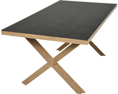 Table rectangulaire avec plateau gris foncé et pieds en bois en forme de X.