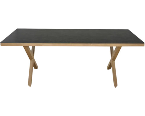 Table rectangulaire avec plateau noir et piètement en bois en forme de X.