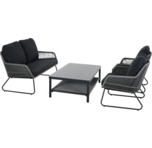 Salon de jardin moderne composé d'un canapé deux places, de deux fauteuils avec cordage gris et coussins noirs et d'une table basse.