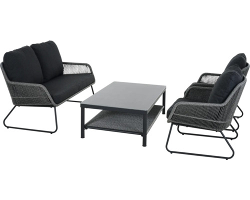 Salon de jardin moderne composé d'un canapé deux places, de deux fauteuils avec cordage gris et coussins noirs et d'une table basse.