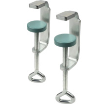 Deux serre-joints métalliques avec plateaux de pression ronds et poignées en anneau.