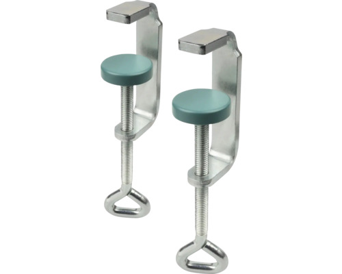 Deux serre-joints métalliques avec plateaux de pression ronds et poignées en anneau.