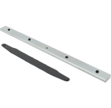 Barre magnétique en métal argenté avec cinq aimants ronds et une plaque métallique noire.