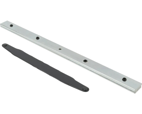 Barre magnétique en métal argenté avec cinq aimants ronds et une plaque métallique noire.