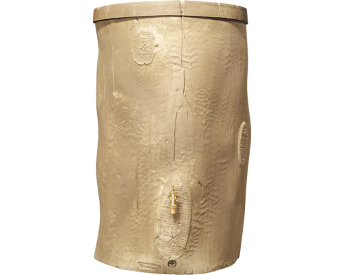 Récupérateur d'eau de pluie beige aspect tronc d'arbre en plastique avec robinet et couvercle.