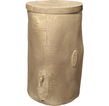 Recuperateur d eau de pluie en plastique imitation tronc d arbre avec couvercle et robinet integre.